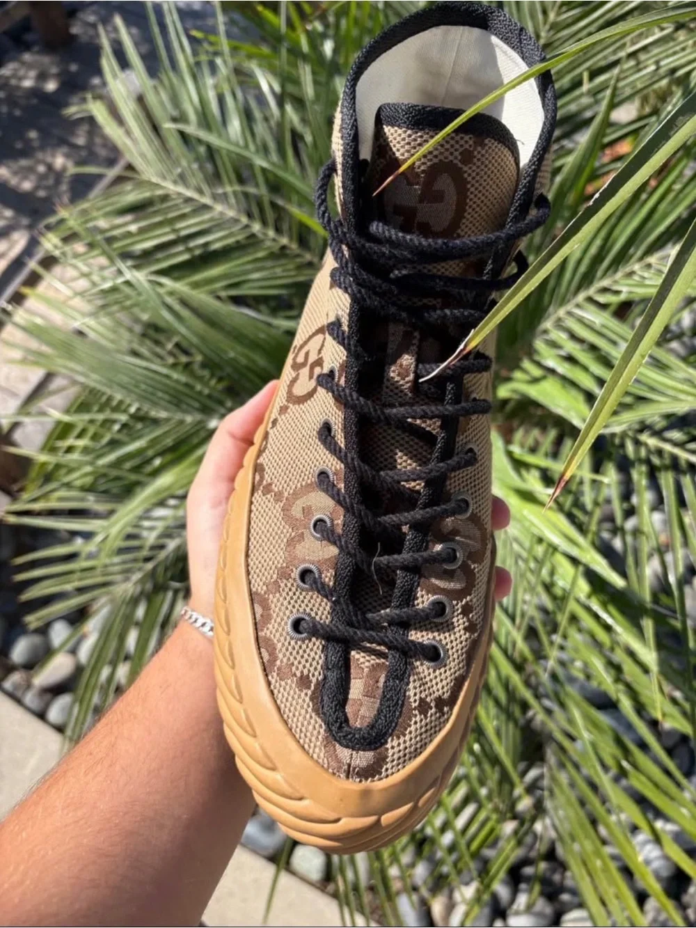 Gucci Beige & Brown GG Canvas High-Top Sneaker with Tan Sole